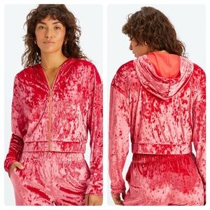 NEW Fabletics Vanessa Hudgens Crushed Velour Zip Up Hoodie Strawberry Red Medium